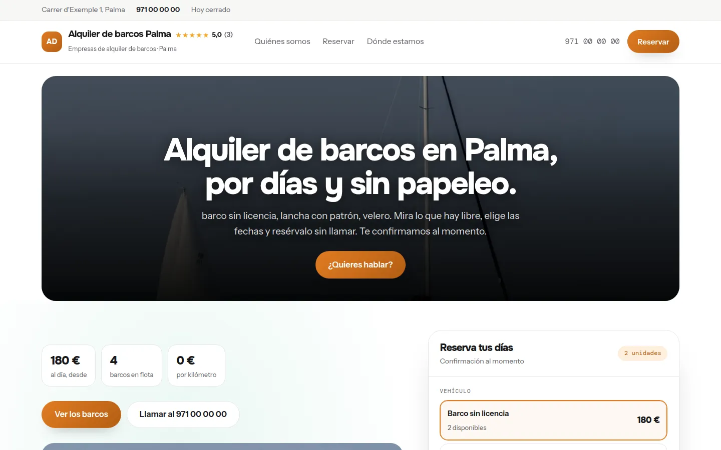 Web de ejemplo hecha con Toda Profesión para empresas de alquiler de barcos