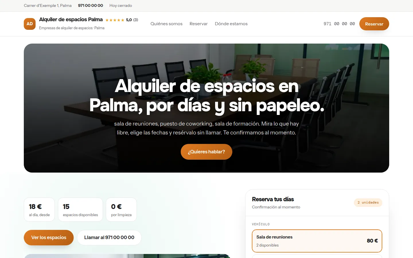 Web de ejemplo hecha con Toda Profesión para empresas de alquiler de espacios