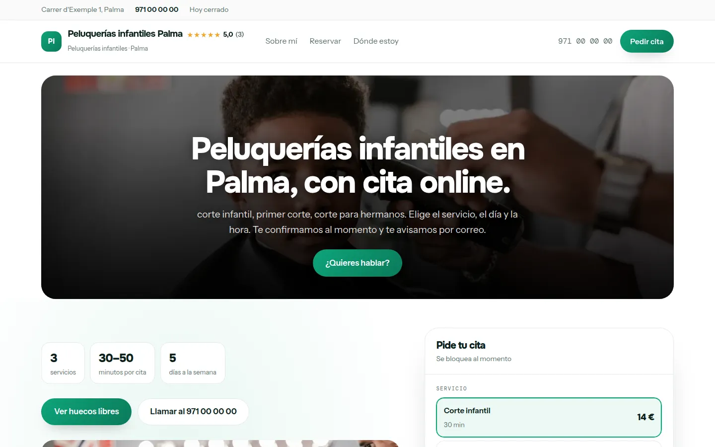 Web de ejemplo hecha con Toda Profesión para peluquerías infantiles