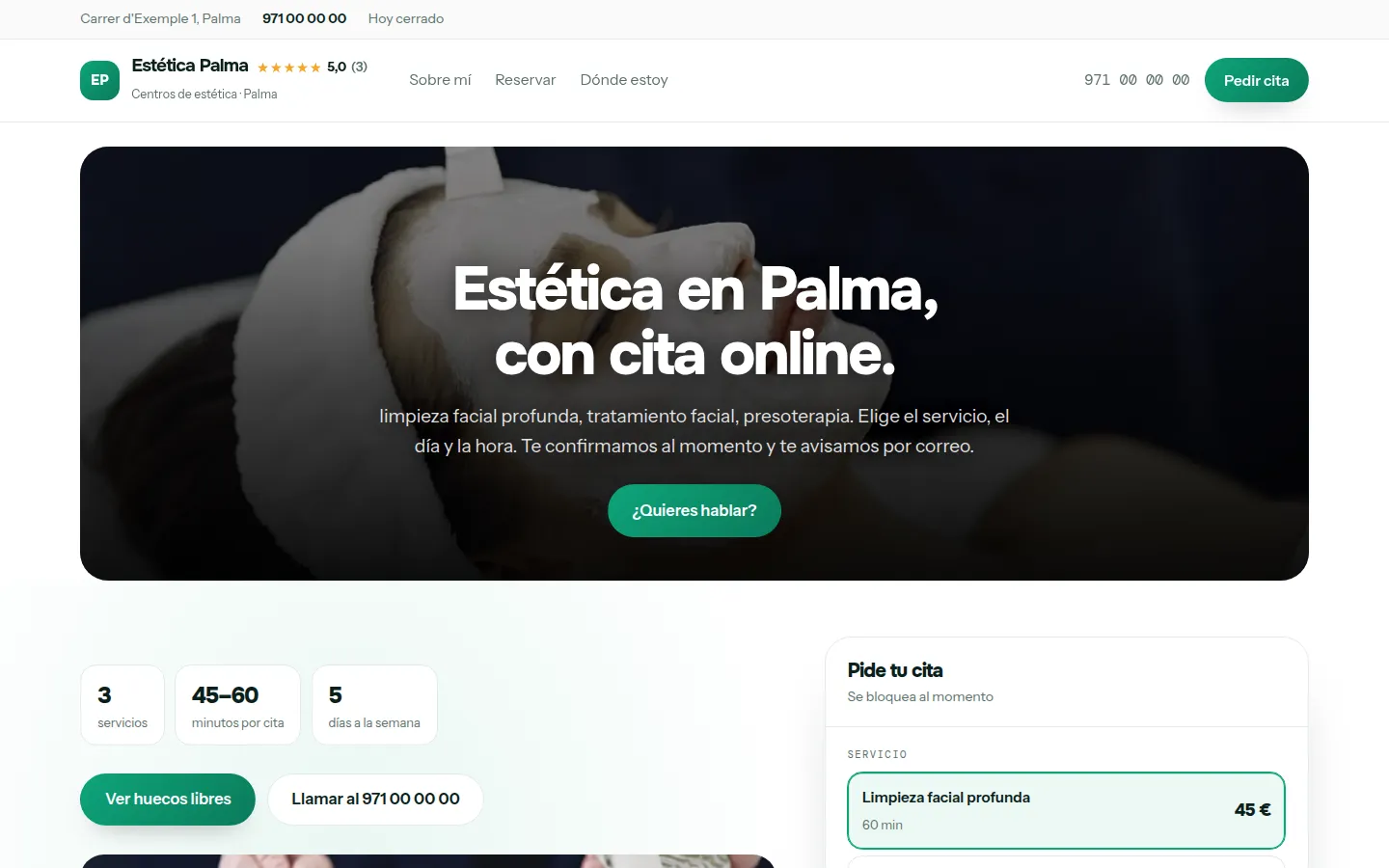 Web de ejemplo hecha con Toda Profesión para centros de estética