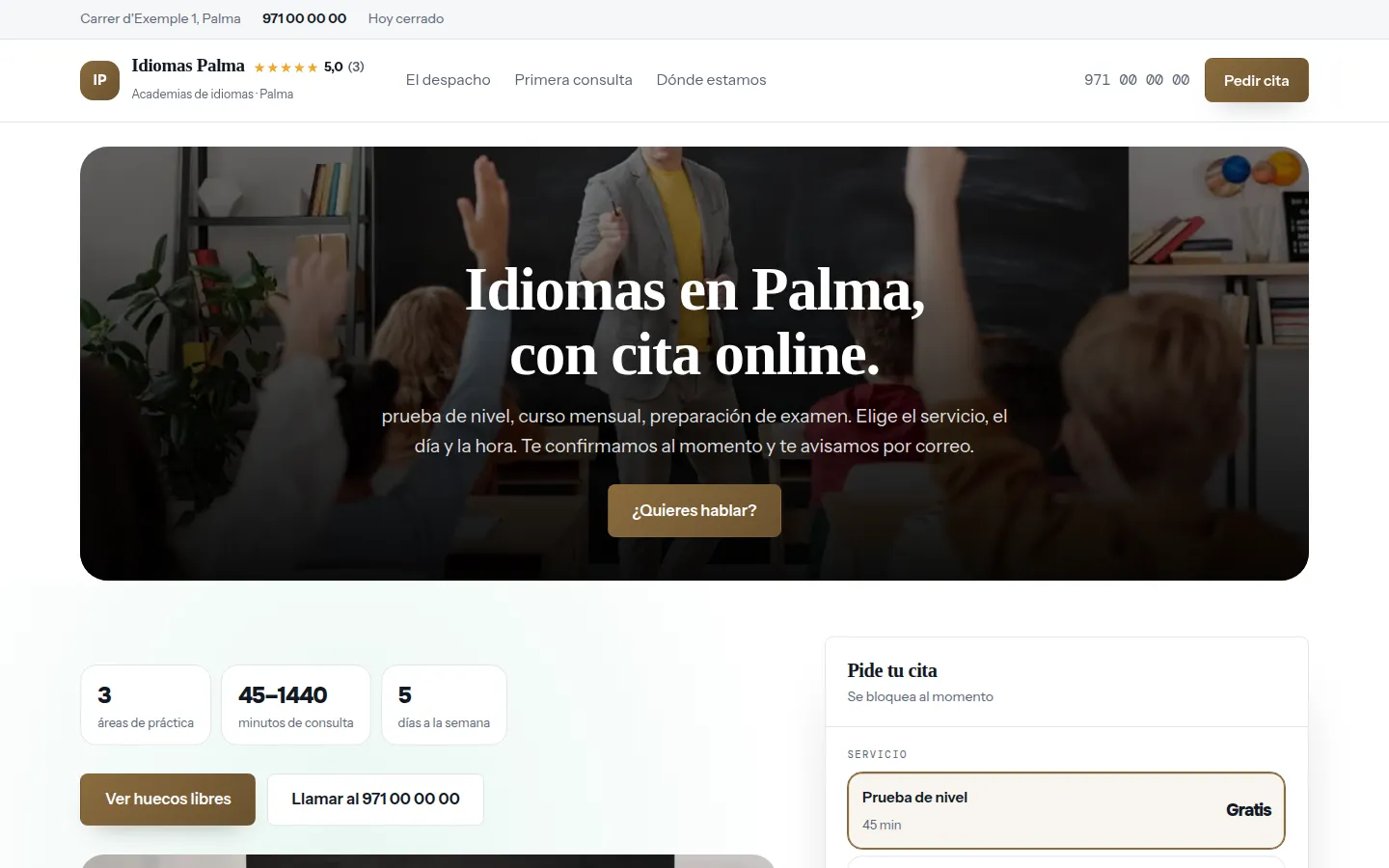 Web de ejemplo hecha con Toda Profesión para academias de idiomas