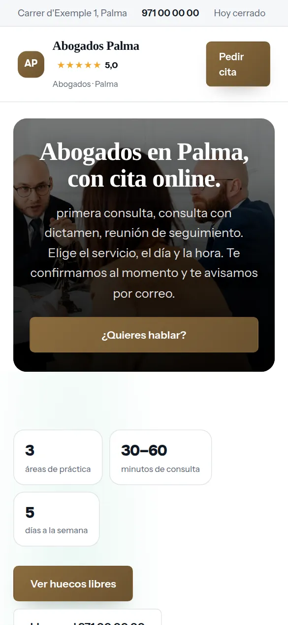 La misma web de abogados vista en el móvil