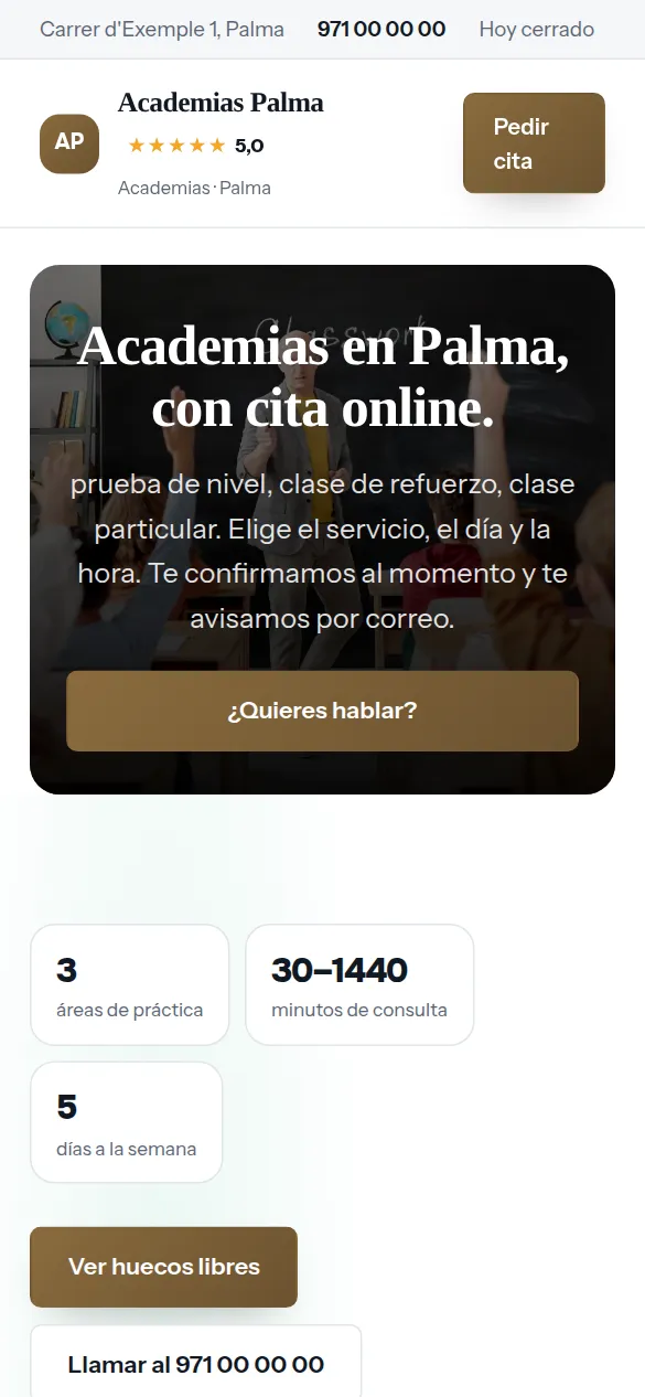 La misma web de academias vista en el móvil