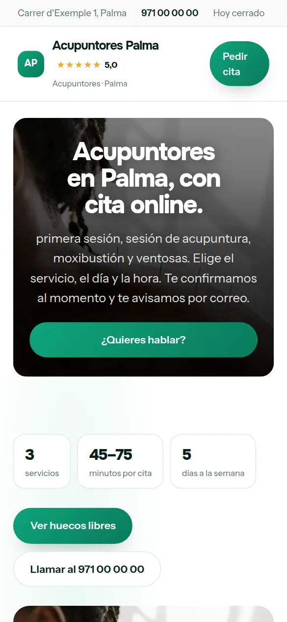 La misma web de acupuntores vista en el móvil