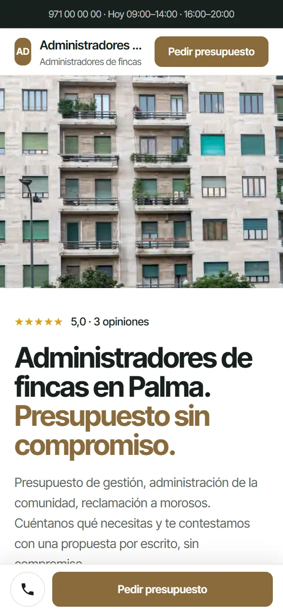 La misma web de administradores de fincas vista en el móvil
