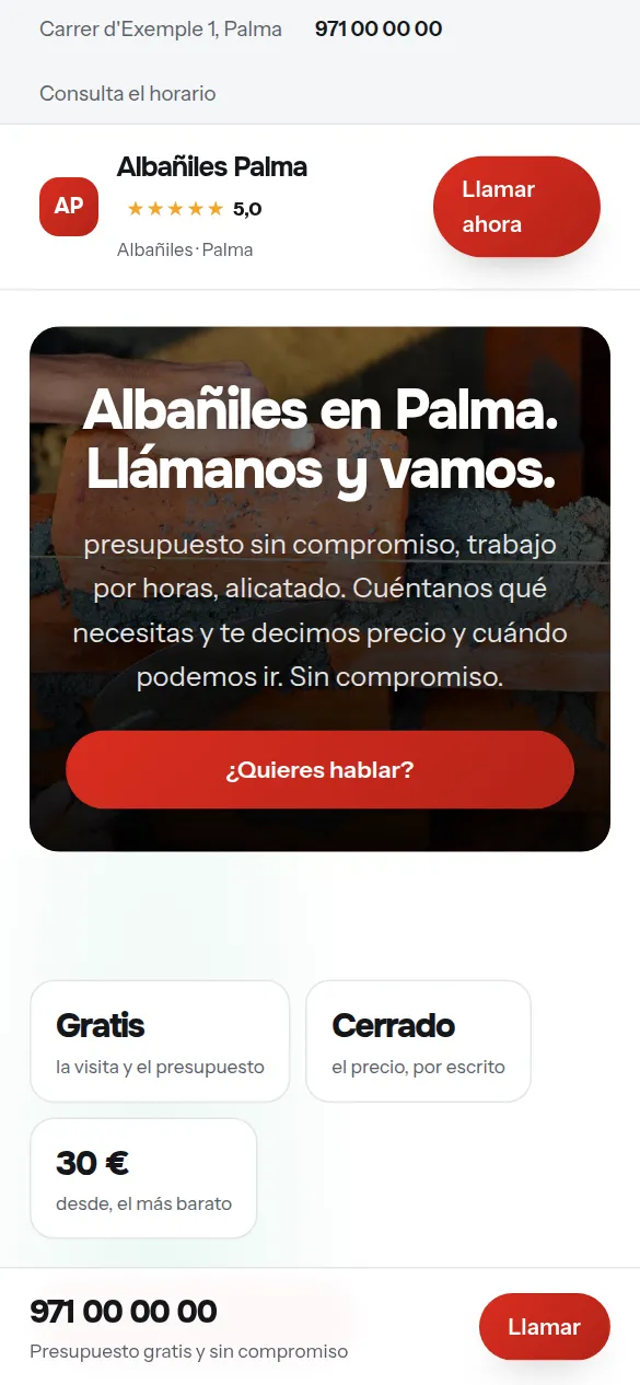 La misma web de albañiles vista en el móvil