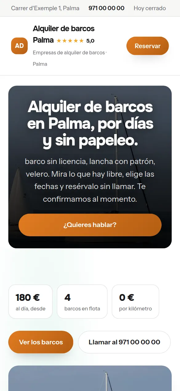 La misma web de empresas de alquiler de barcos vista en el móvil