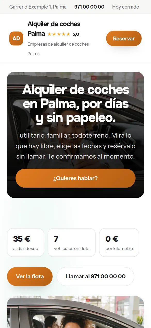 La misma web de empresas de alquiler de coches vista en el móvil