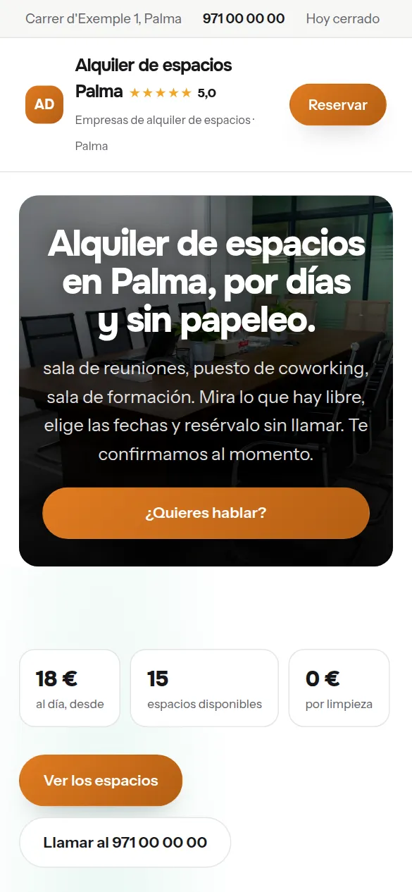 La misma web de empresas de alquiler de espacios vista en el móvil