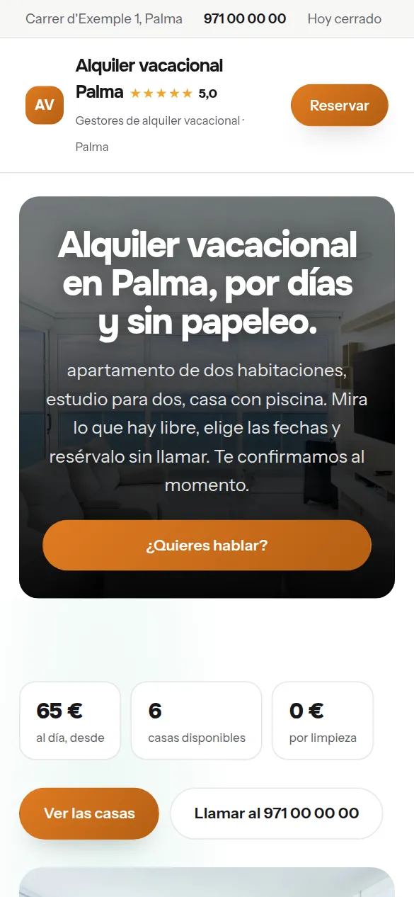 La misma web de gestores de alquiler vacacional vista en el móvil