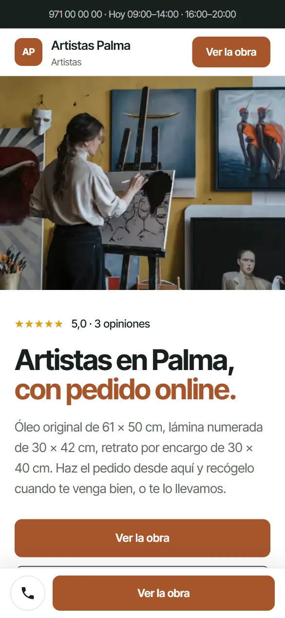 La misma web de artistas vista en el móvil