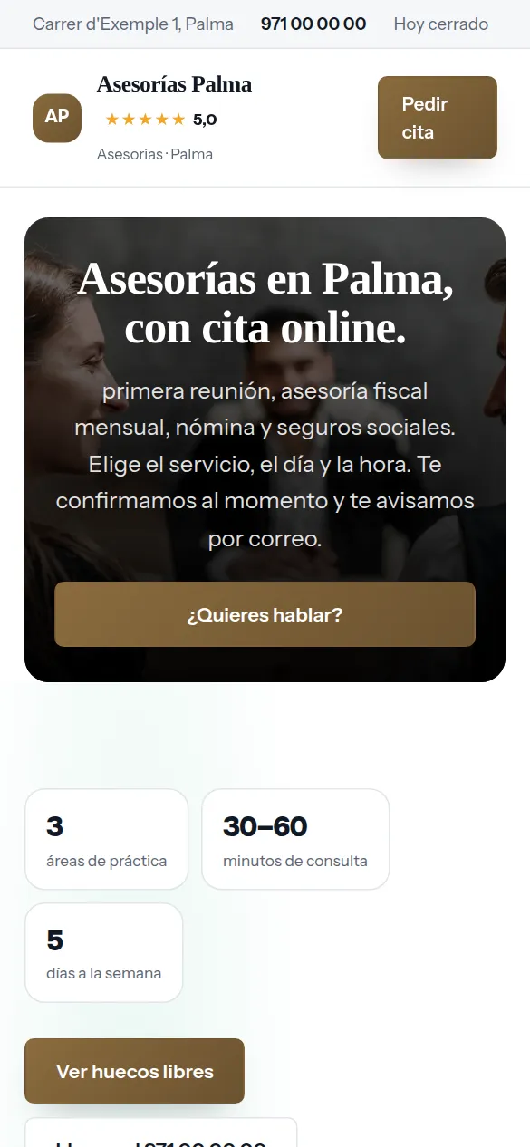 La misma web de asesorías vista en el móvil
