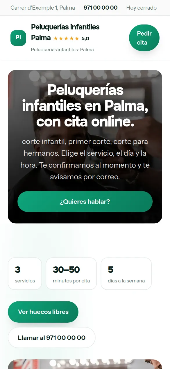 La misma web de peluquerías infantiles vista en el móvil