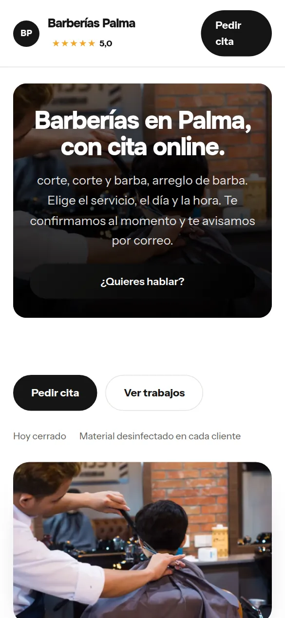 La misma web de barberías vista en el móvil