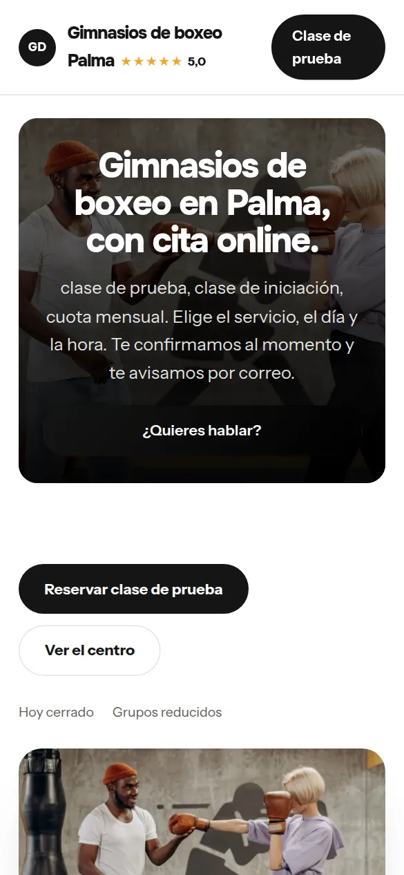 La misma web de gimnasios de boxeo vista en el móvil