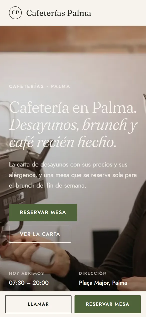 La misma web de cafeterías vista en el móvil