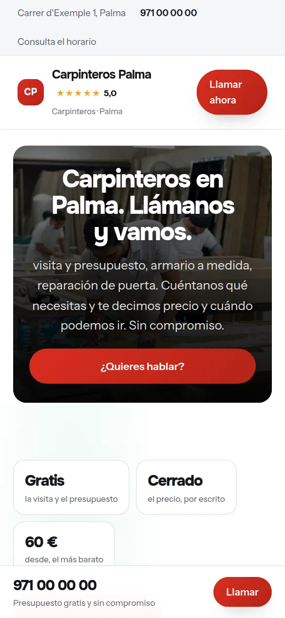La misma web de carpinteros vista en el móvil
