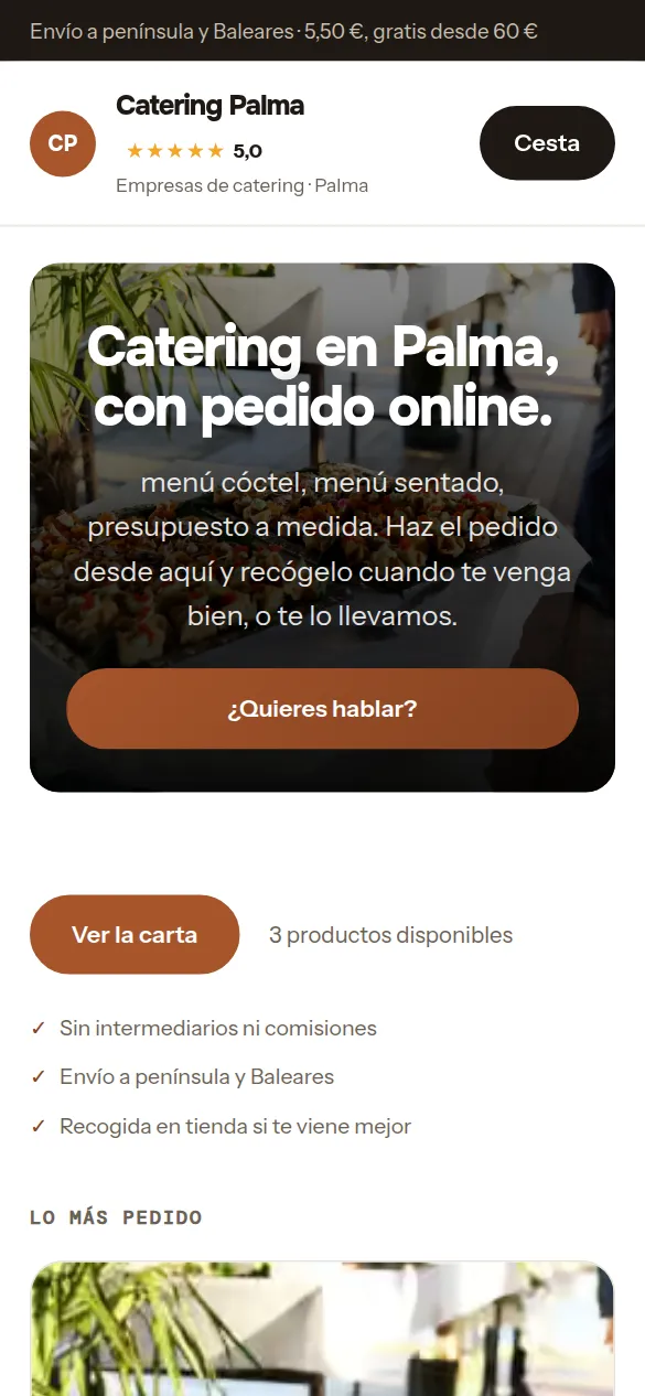 La misma web de empresas de catering vista en el móvil