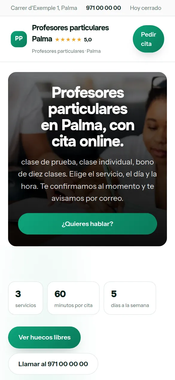 La misma web de profesores particulares vista en el móvil