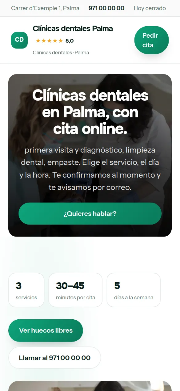 La misma web de clínicas dentales vista en el móvil