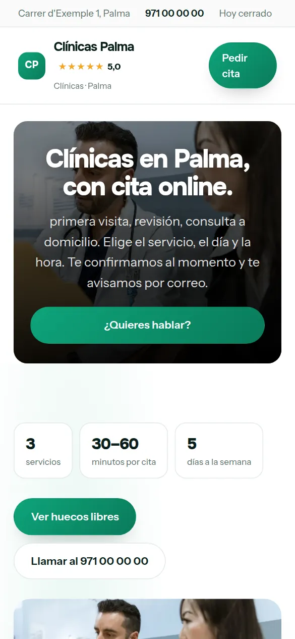 La misma web de clínicas vista en el móvil
