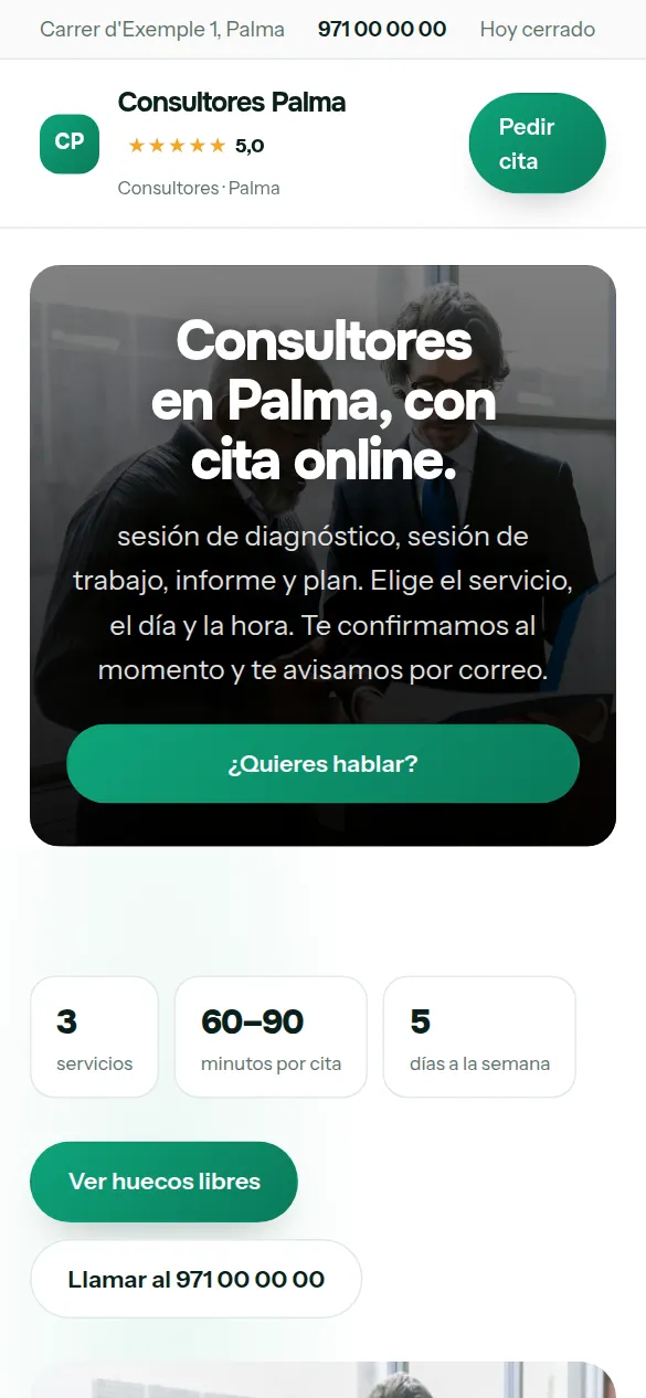 La misma web de consultores vista en el móvil