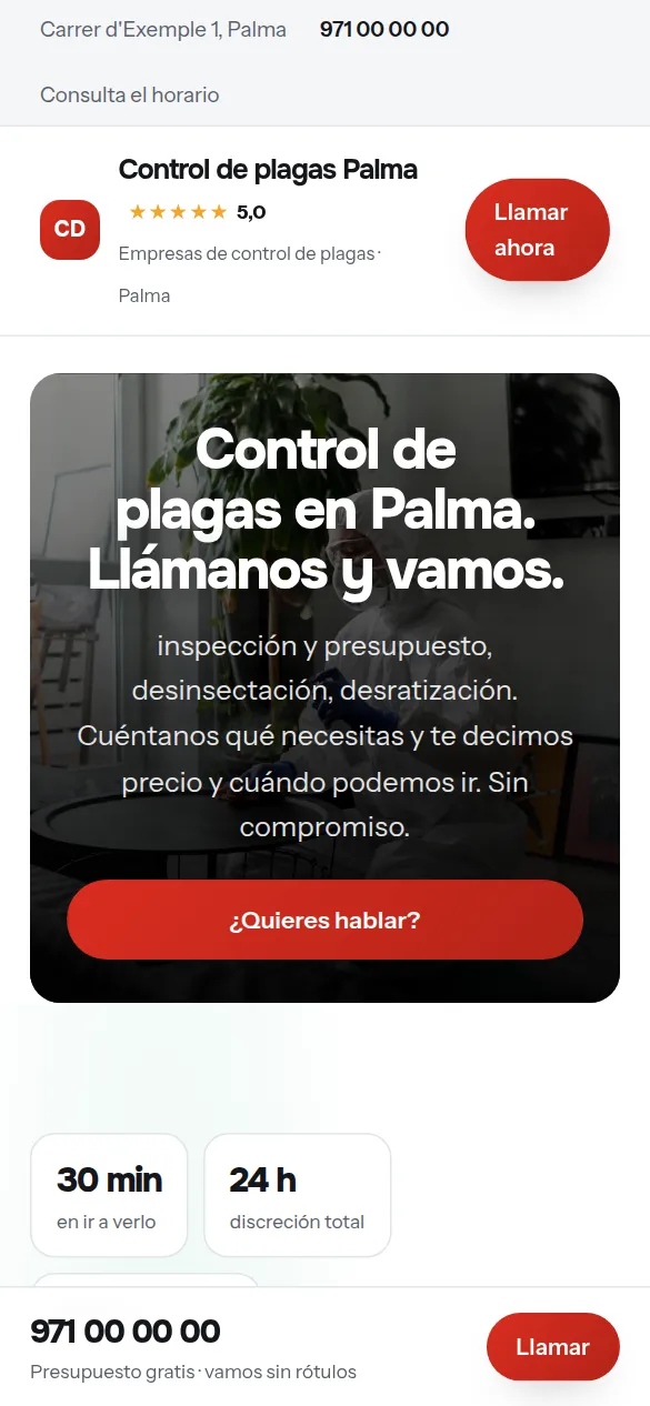 La misma web de empresas de control de plagas vista en el móvil