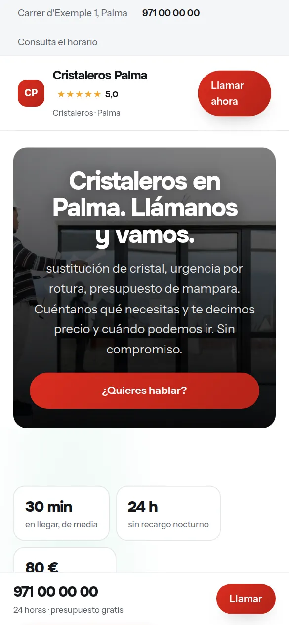 La misma web de cristaleros vista en el móvil