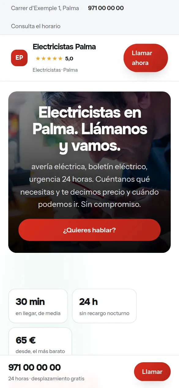 La misma web de electricistas vista en el móvil