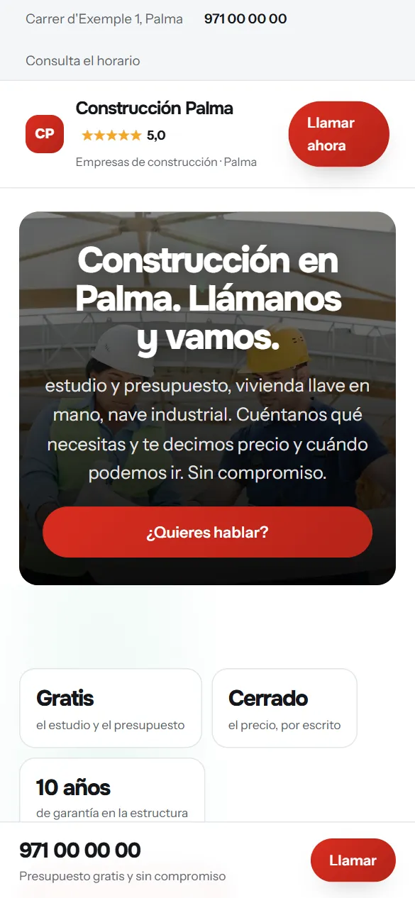 La misma web de empresas de construcción vista en el móvil