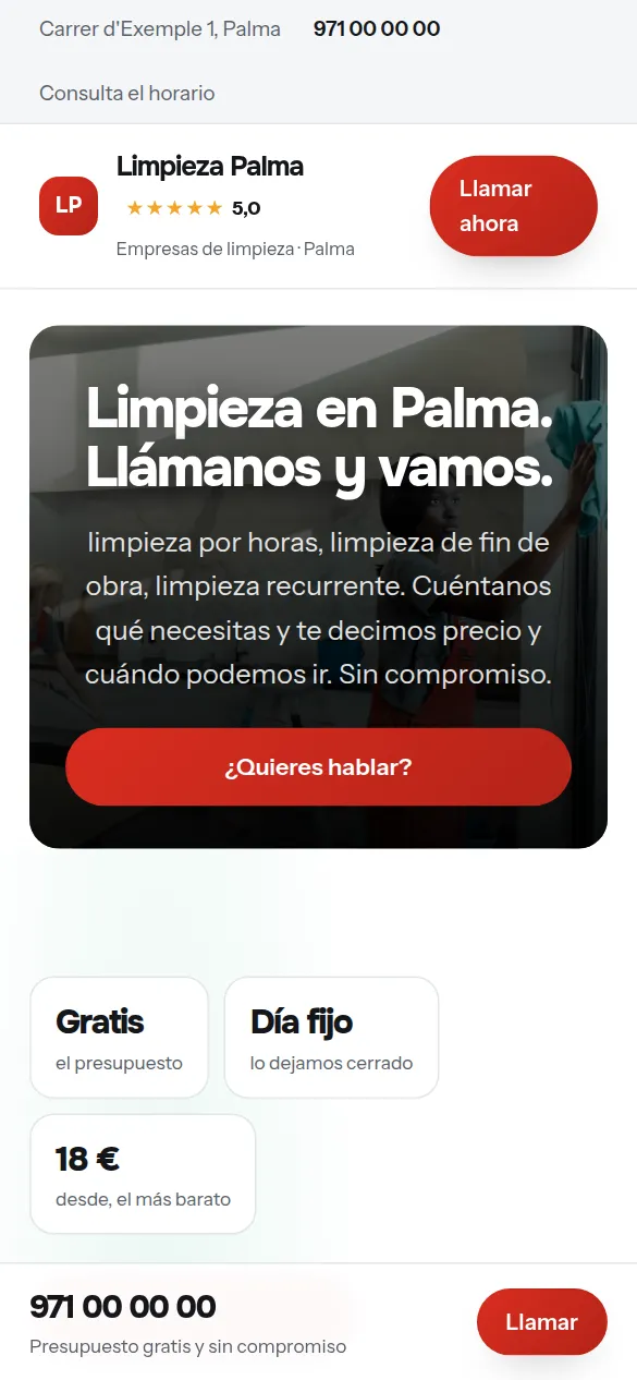 La misma web de empresas de limpieza vista en el móvil