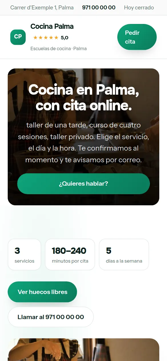 La misma web de escuelas de cocina vista en el móvil