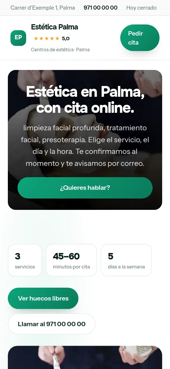 La misma web de centros de estética vista en el móvil