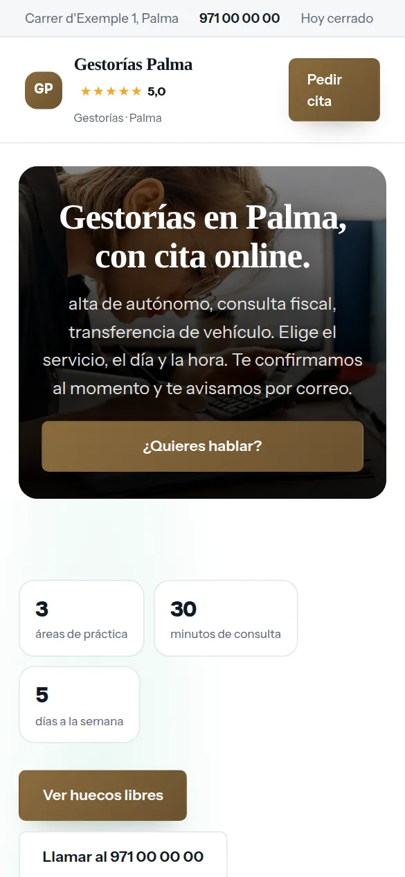 La misma web de gestorías vista en el móvil