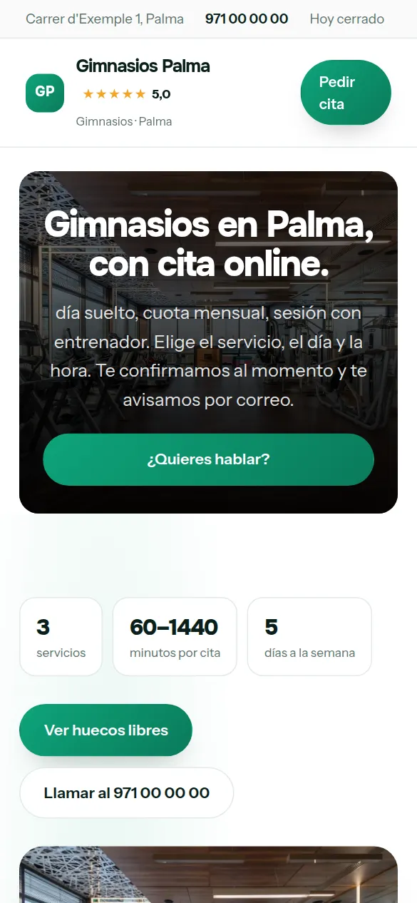 La misma web de gimnasios vista en el móvil
