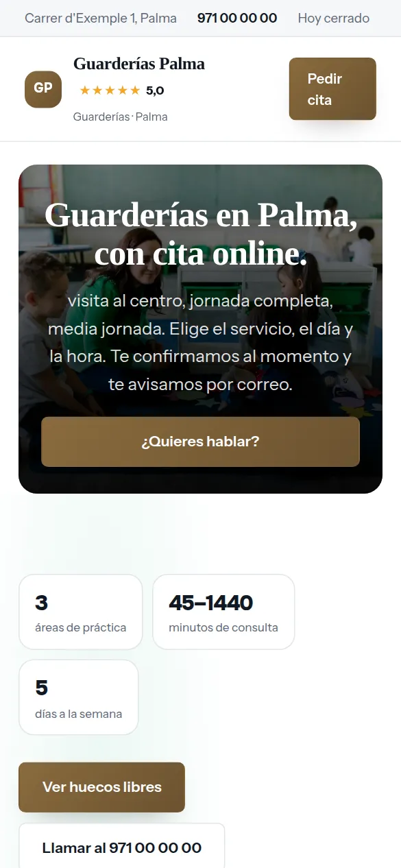 La misma web de guarderías vista en el móvil