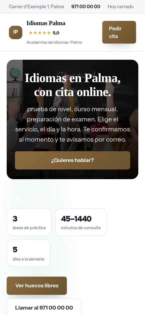 La misma web de academias de idiomas vista en el móvil