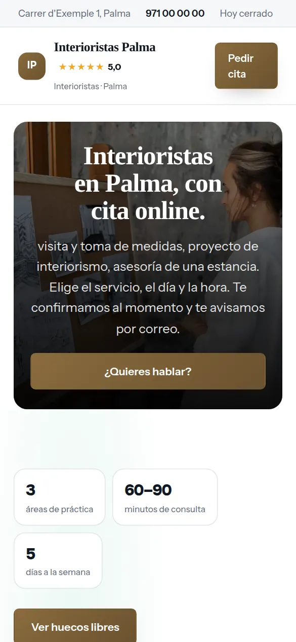La misma web de interioristas vista en el móvil