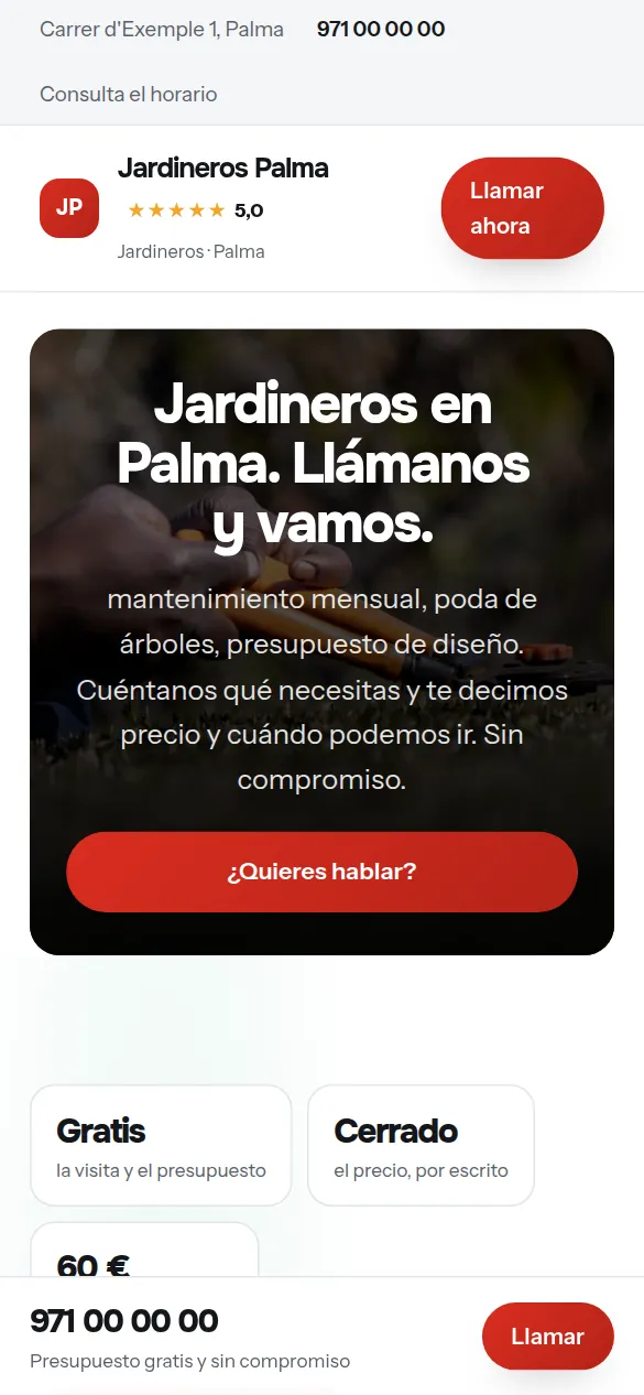 La misma web de jardineros vista en el móvil