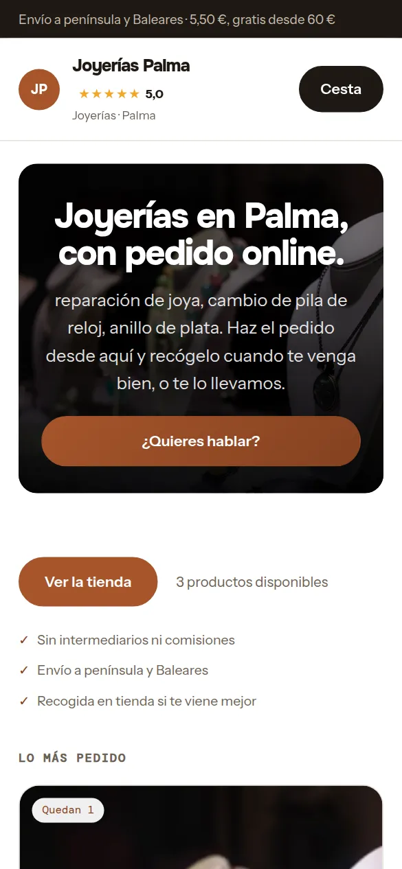 La misma web de joyerías vista en el móvil