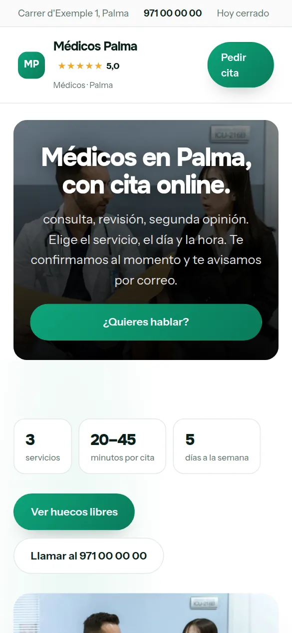 La misma web de médicos vista en el móvil