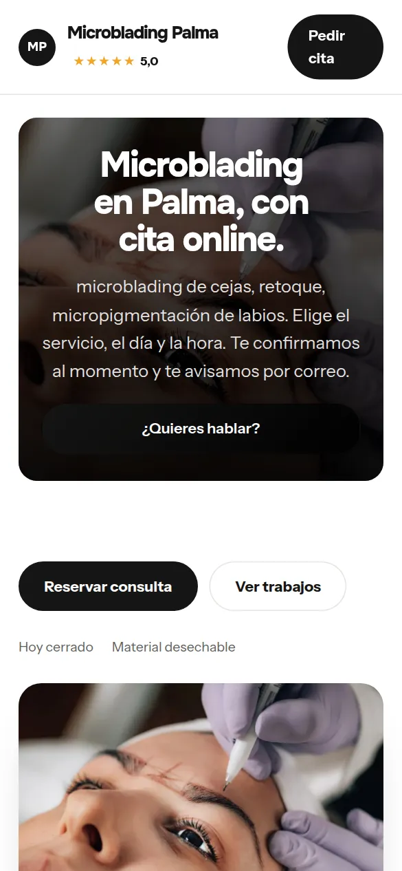 La misma web de centros de microblading vista en el móvil