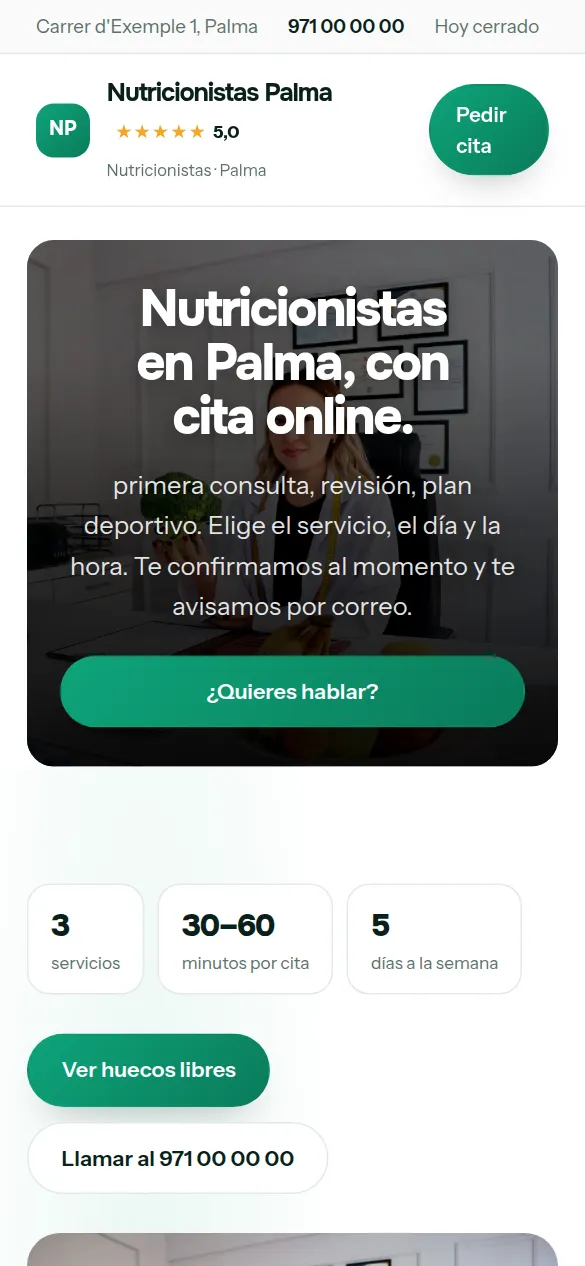 La misma web de nutricionistas vista en el móvil