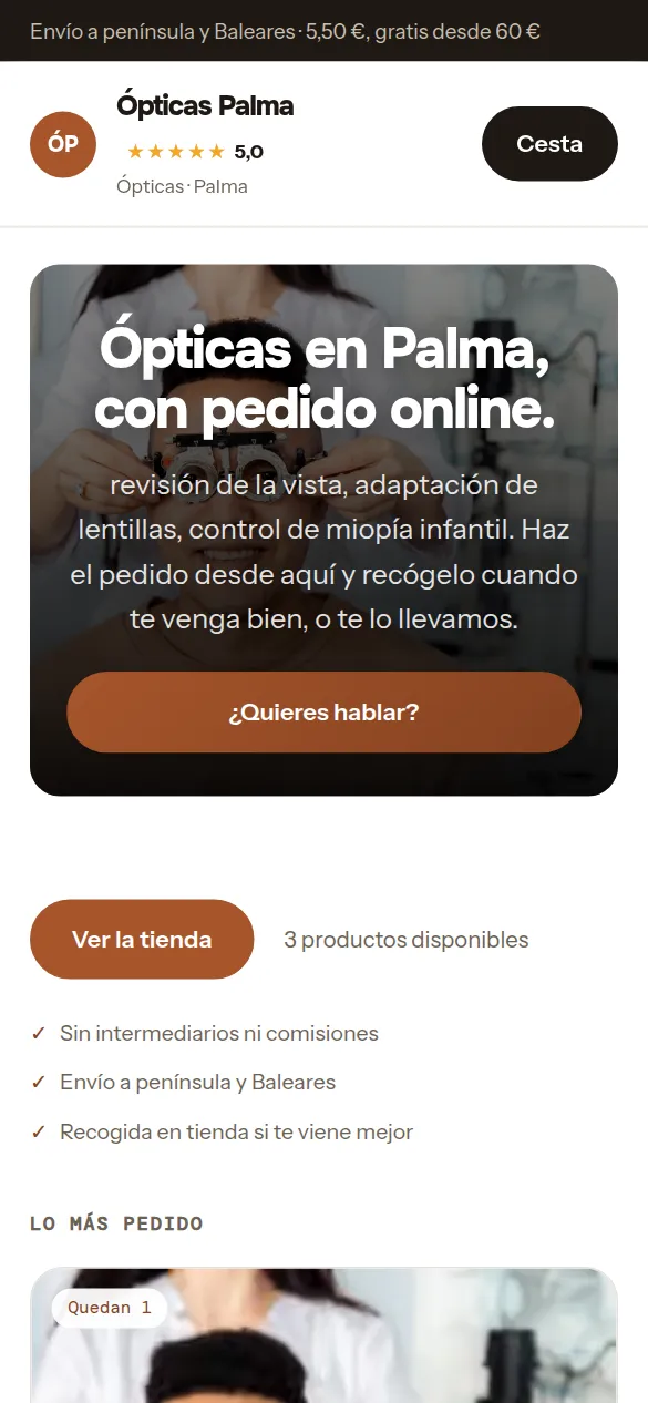 La misma web de ópticas vista en el móvil