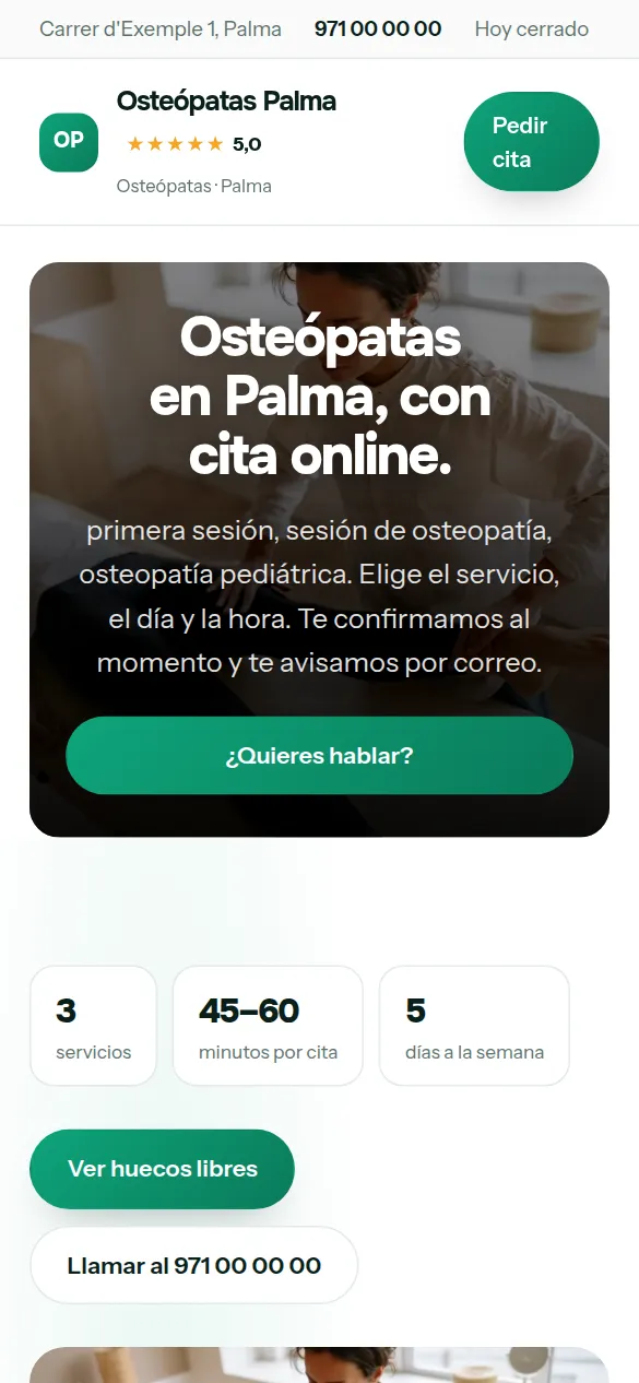 La misma web de osteópatas vista en el móvil
