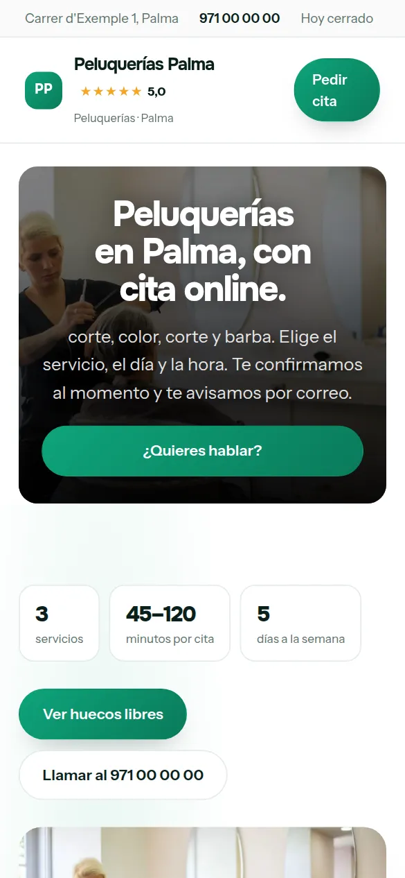 La misma web de peluquerías vista en el móvil