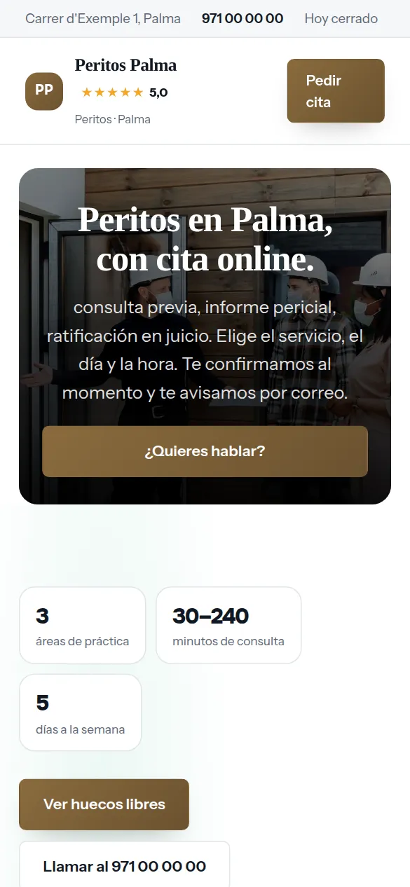 La misma web de peritos vista en el móvil