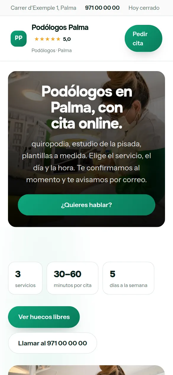 La misma web de podólogos vista en el móvil