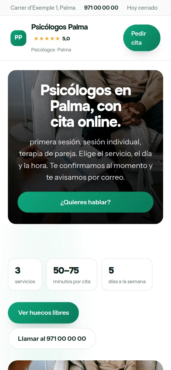 La misma web de psicólogos vista en el móvil