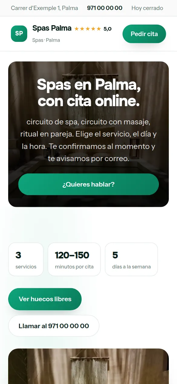 La misma web de spas vista en el móvil